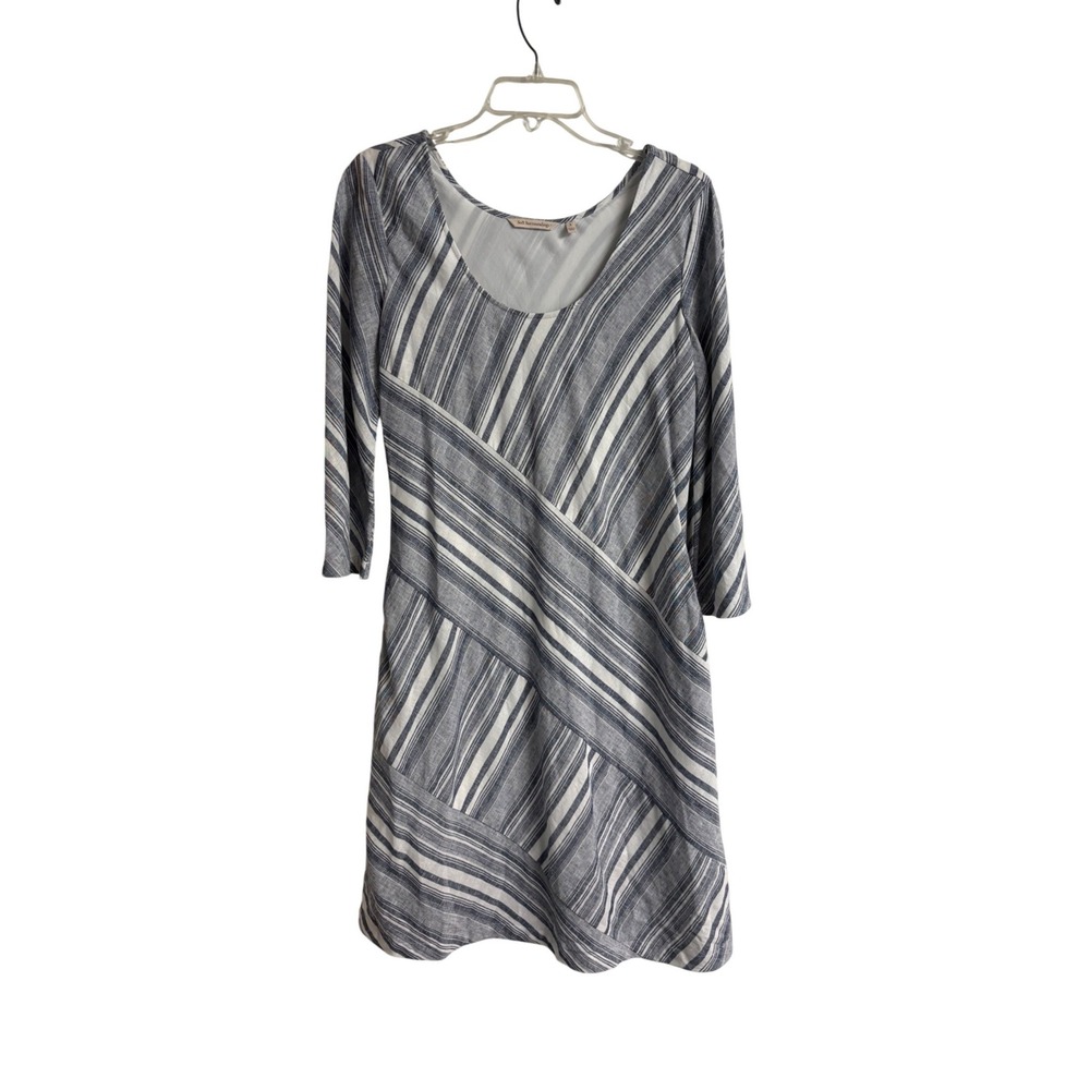 Soft Surroundings Blue White Striped Linen Blend Dress 3/4 Sleeves Small Coastal